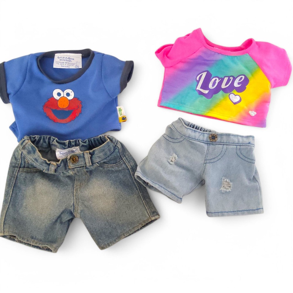 Build-A-Bear Workshop Doll Clothes Lot Elmo Sesame Street Denim Shorts 4pc Set